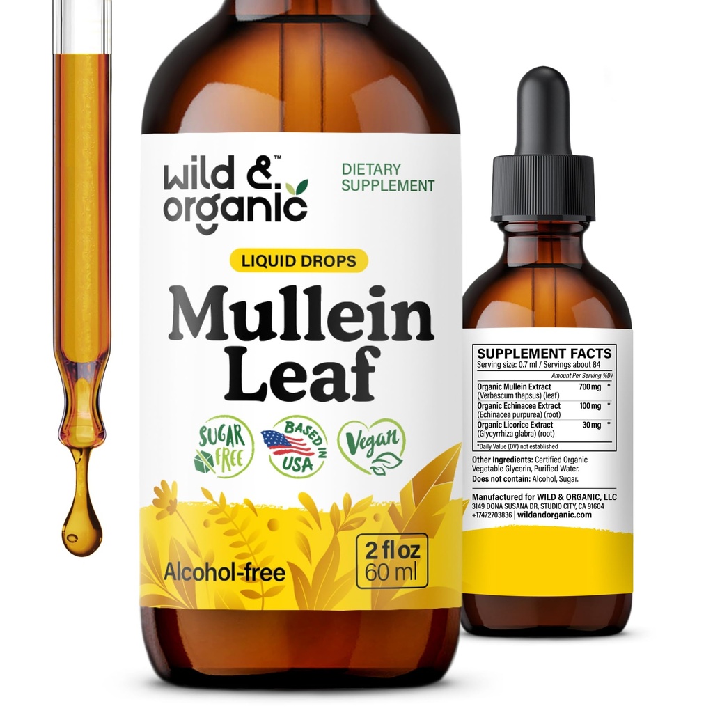 Wild & Organic Mullein Drops for Lungs - Lung Detox and Cleanse - Sıvı Mullein Leaf Tincture with Echinacea & Licorice Root - Vegan, Sugar & Alkol Ücretsiz Ekstra - 2 fl ozz