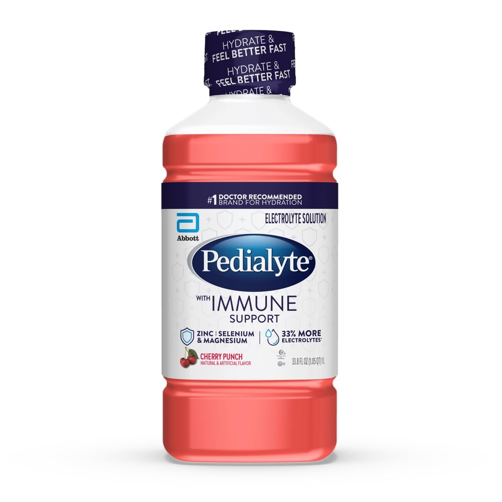 Pedialyte with Immune Support Electrolyte Solution, Hydration Drink with çinko, Selenium ve Magnezyum, Cherry Punch, 1 Liter