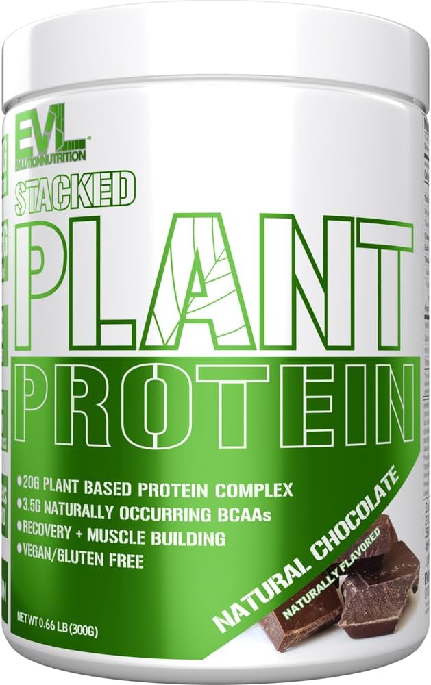 Evlution Nutrition Stacked Plant Protein Toz, Vegan, Non-GMO, Gluten-Free, Probiyotiks, BCAAs, Fiber, Plant-Based Protein Kompleks, 300G (Doğal Çikolata)