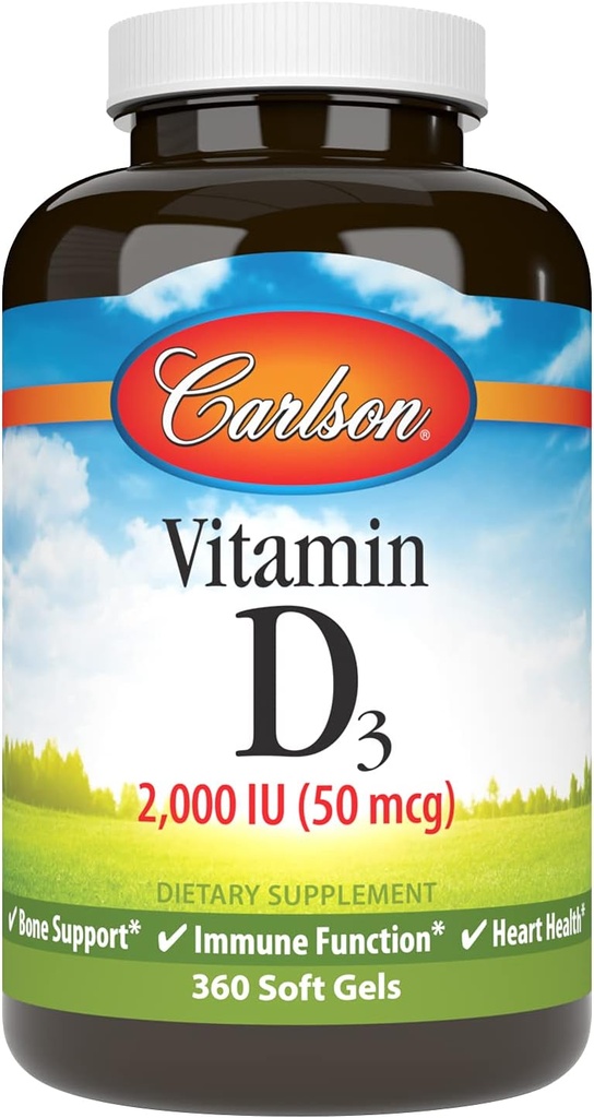 Carlson - Βιταμίνη D3, 2000 IU (50 mcg), Υγεία των οστών, Μυική Υγεία, Χοληκαλσιφερόλη, συμπληρώματα βιταμίνης D, Βιταμίνη D3 Soft Gels, 360 Softgels