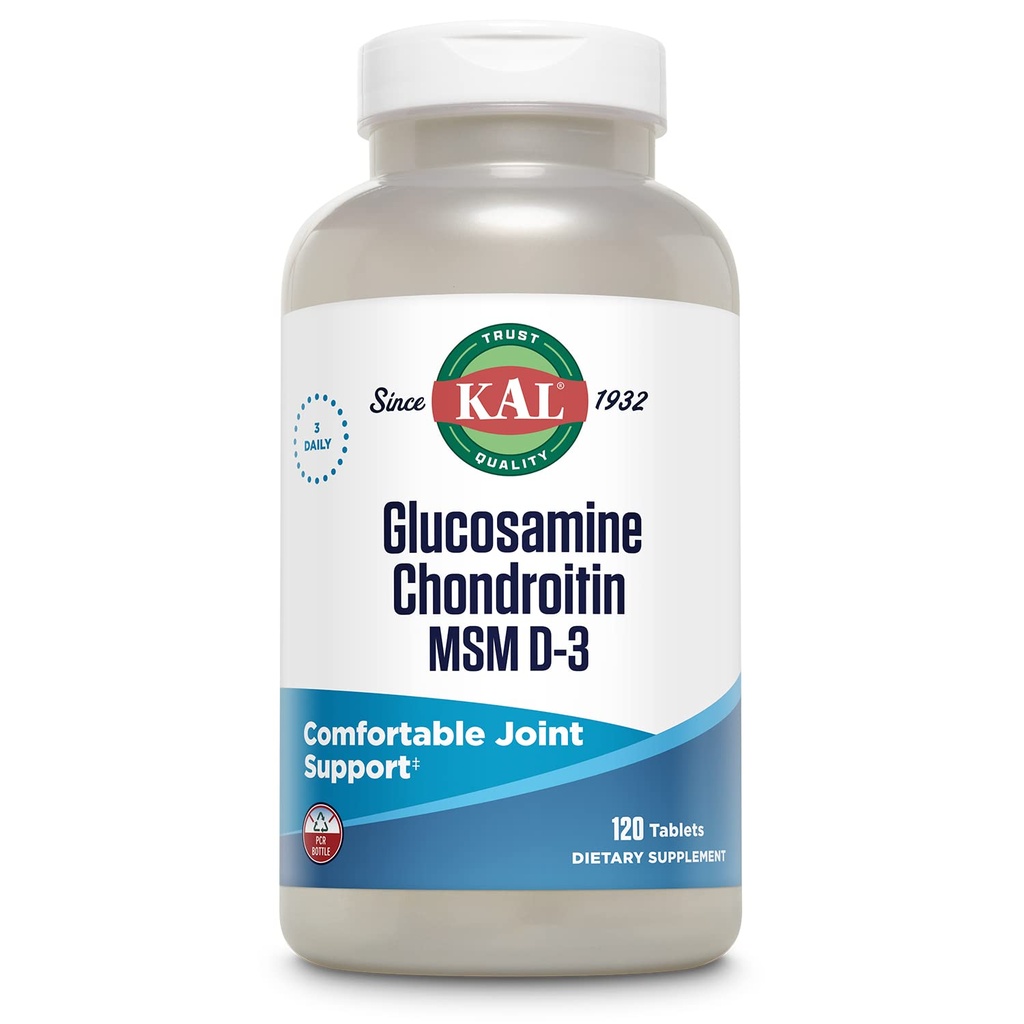 KAL Glucosamine Chondroitin MSM D-3, Ortak Destek Tamam, 1.500 mg of Glucosamine Sulfate, 1.200 mg of Chondroitin Sulfate, 1000 mg of MSM, Plus Vitamin D3 & C, 40 Hizmet, 120 Tablet