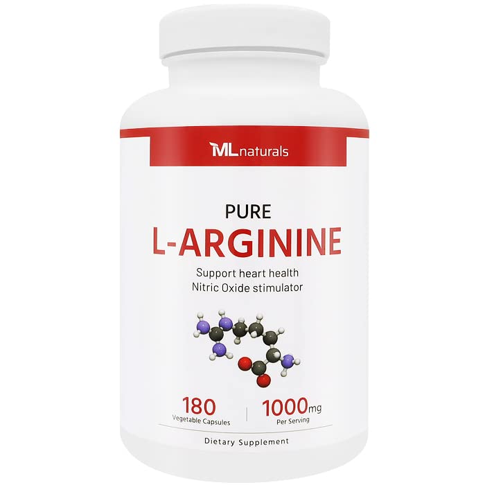 ML Naturals Pure L-Arginine 1000 mg 180 Sebze Kapsülleri. Amino asit, Nitrik Oksit Stimulator ve Kalp Sağlığı, NSF-Cerized & cGMP-Compliant.