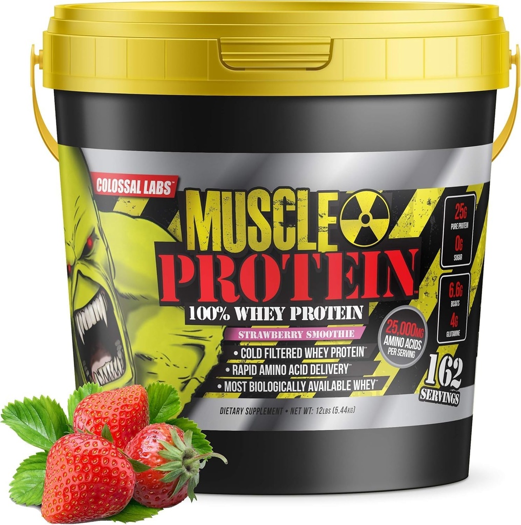 COLOSSAL LABS Muscle Protein Whey Toz [12 lbs/Pack of 1]– Soğuk Filtrelenmiş, 25g Pure Protein, 6.6g BCAAs (Pazar Mayıs Vary) (12LB, Strawberry)