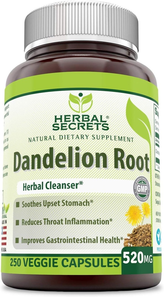 Herbal Sırları Dandelion Root 520 mg Veggie Capsules Supplement | Non-GMO | Gluten Free | Made in USA (250 Count)