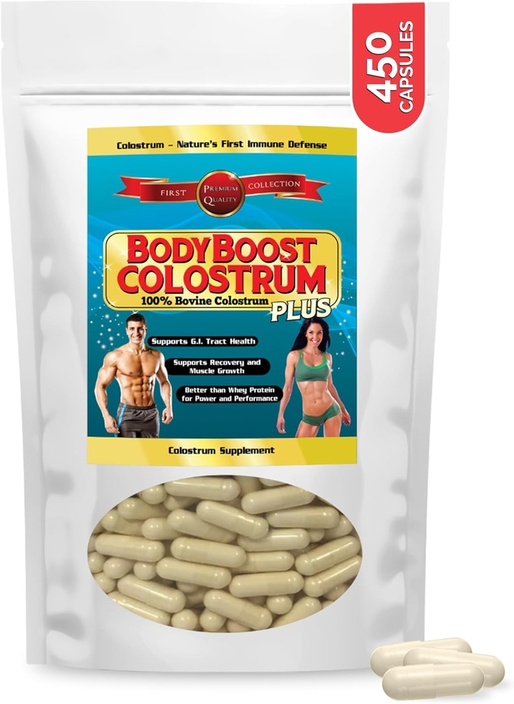BodyBoost Colostrum Capsules, 100% Bovine Colostrum Powder, Immune Booster Supplement with Immunoglobulin & Lactoferrin, Super Food for Gut Health & Muscle Growth, Diverse Intake, 450 Capsules