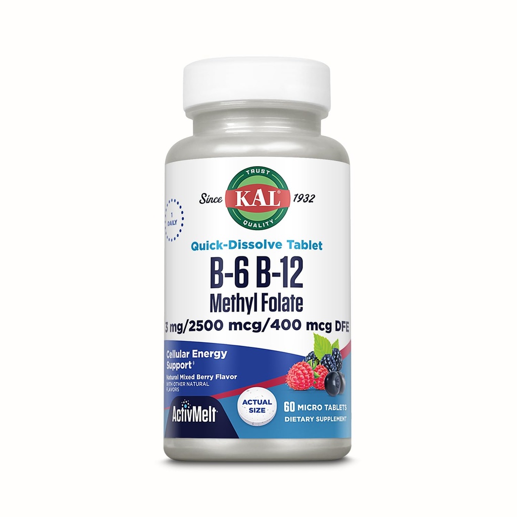 KAL B-6 B-12 Torch Folate ActivMelt, Vitamin B Supplement, Kalp Sağlığı, Enerji ve Kızıl Kan Hücresi Metrik B12 ve DFE Folic Acid, Natural Berry Flavor, 60 Hizmet, 60 Micro Tabs