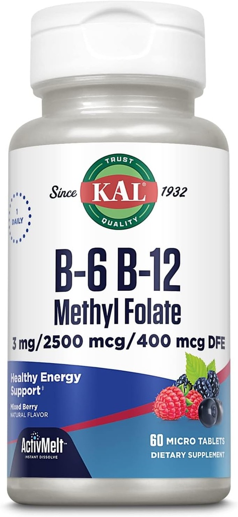 KAL B-6 B-12 Torch Folate ActivMelt, Vitamin B Supplement, Kalp Sağlığı, Enerji ve Kızıl Kan Hücresi Metrik B12 ve DFE Folic Acid, Natural Berry Flavor, 60 Hizmet, 60 Micro Tabs
