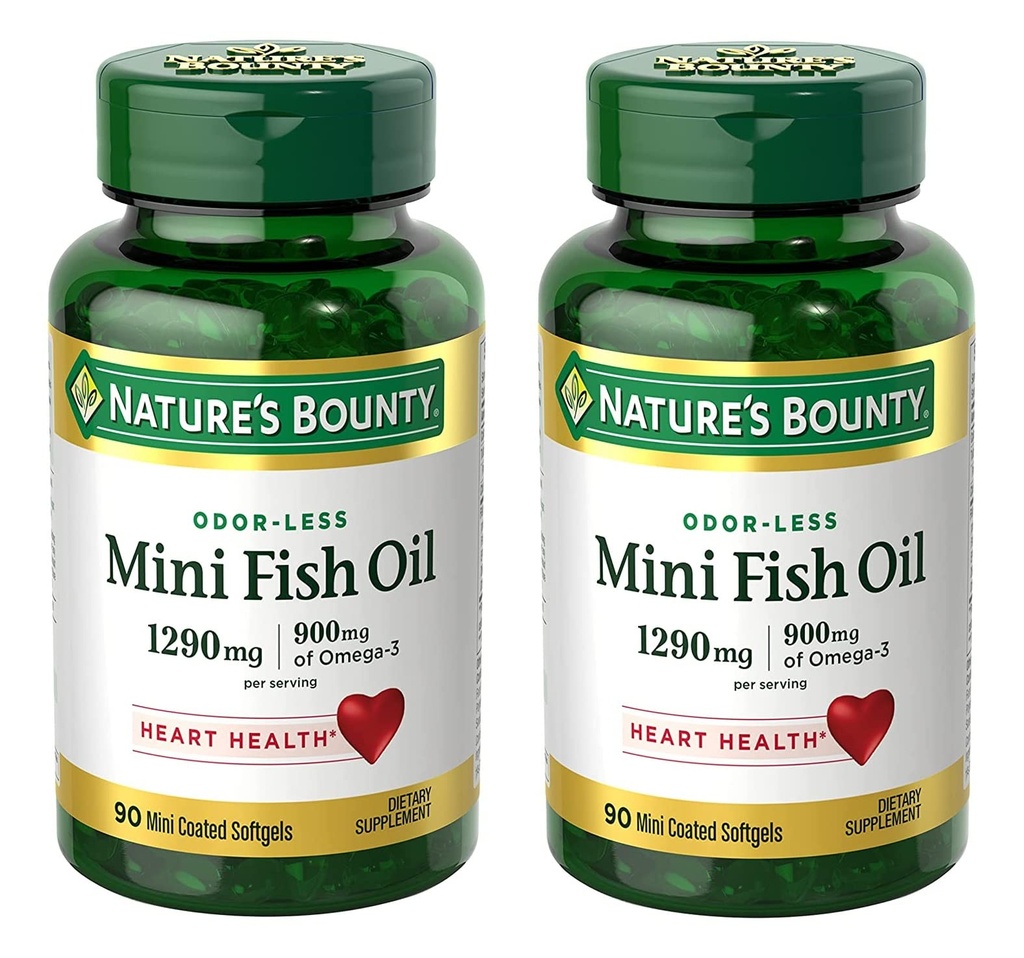 Nature's Bounty Mini Fish Oil Softgels 1290 mg, Omega-3, Supports Heart Health, Odor-Less, 90 Mini Kaplamalı Softgels - 2 Paket