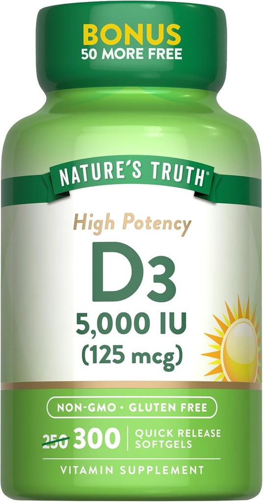 Doğanın Gerçek Vitamin D3 5000 IU (125 mcg) | 300 Softgels | Yüksek Potency D | Non-GMO ve Gluten Ücretsiz Supplement Supplement Supplement
