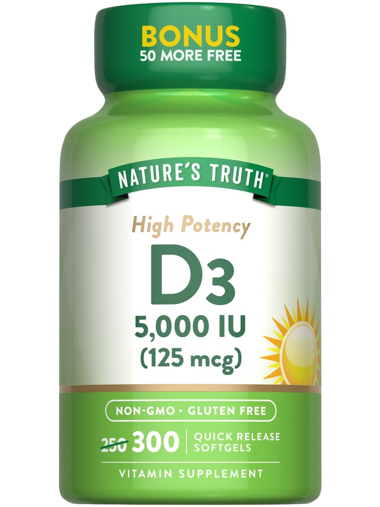 Doğanın Gerçek Vitamin D3 5000 IU (125 mcg) | 300 Softgels | Yüksek Potency D | Non-GMO ve Gluten Ücretsiz Supplement Supplement Supplement