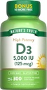 Doğanın Gerçek Vitamin D3 5000 IU (125 mcg) | 300 Softgels | Yüksek Potency D | Non-GMO ve Gluten Ücretsiz Supplement Supplement Supplement