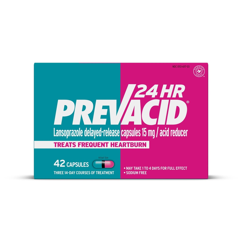 Prevacid 24HR Lansoprazole Capsules, 15 mg Acid Reducer, Delayed-Release PPI for Frequent Heartburn Relief, 42 Count
