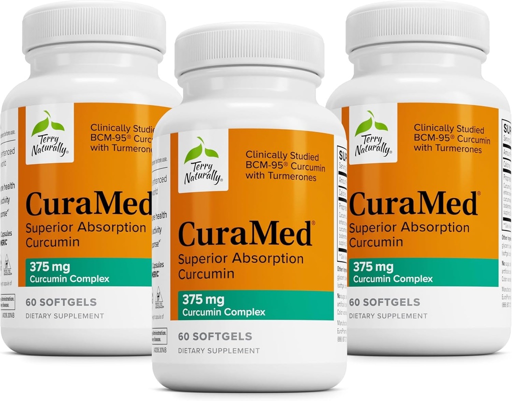 Terry Doğal CuraMed 375 mg - Beyin ve Immune Sağlık Desteği için Antioksi Supplement - Curcumin & Turmeric Essential Oil - Herbal Liver Desteği - 60 Softgels (Pack of 3)