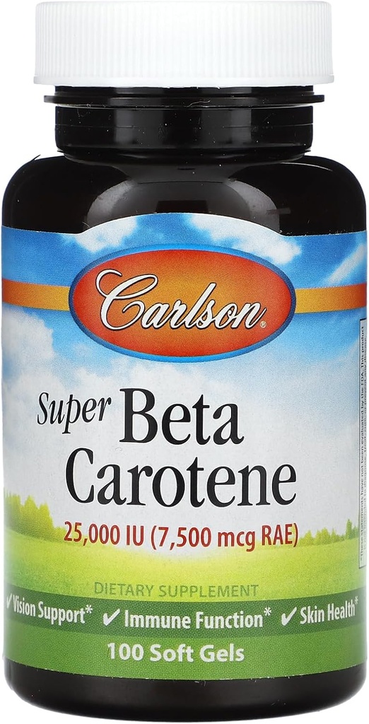 Carlson - Super Beta Carotene, 25000 IU (15 mg), Βιταμίνη Α ως Beta Carotene, Βιοδιαθέσιμη και Βιοενεργή μορφή, Όραση Υγεία, Υγιεινό δέρμα, 100 Softgels