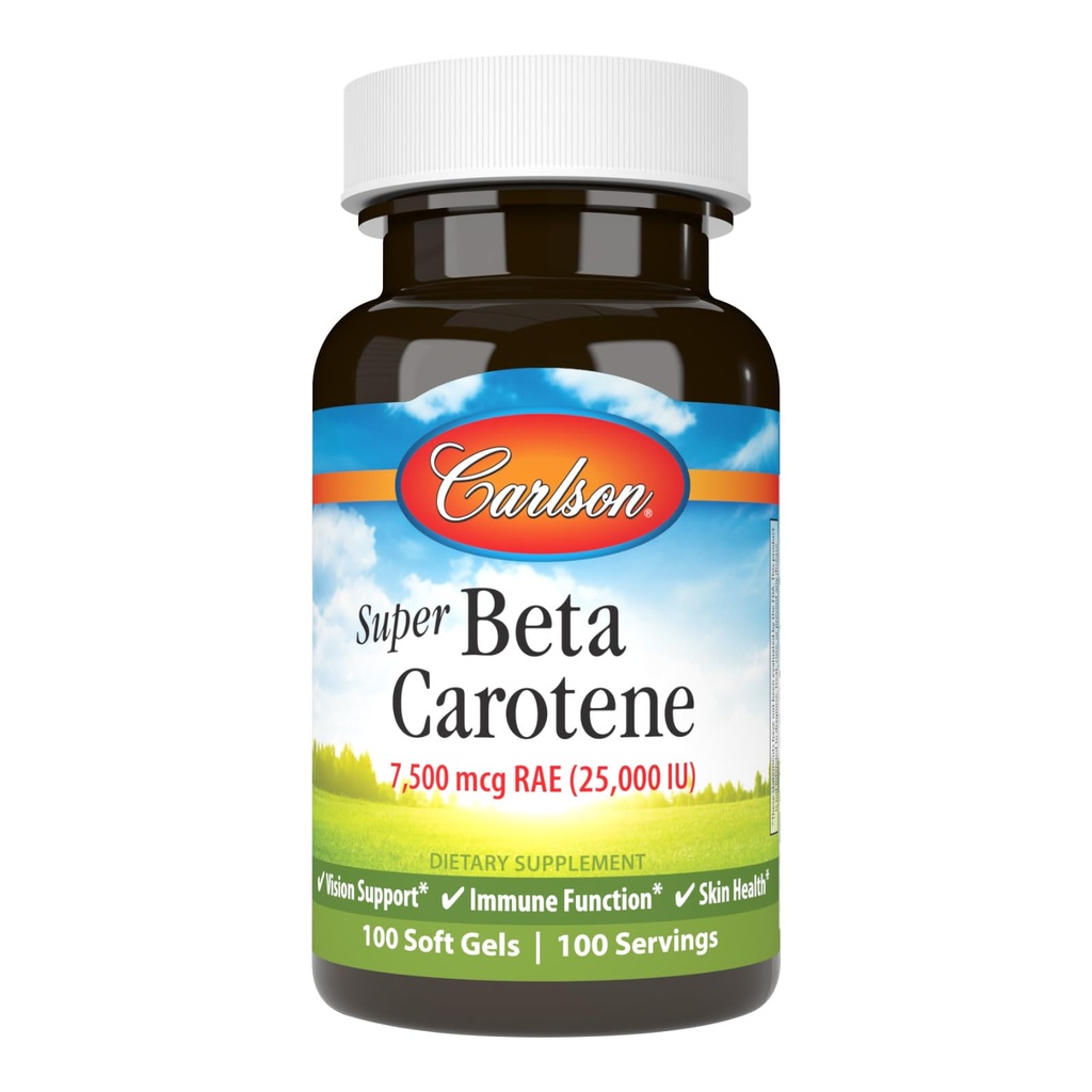 Carlson - Super Beta Carotene, 25000 IU (15 mg), A vitamini Beta Carotene, Bio available and Bioactive Form, Vision Health, Health Skin, 100 Softgels