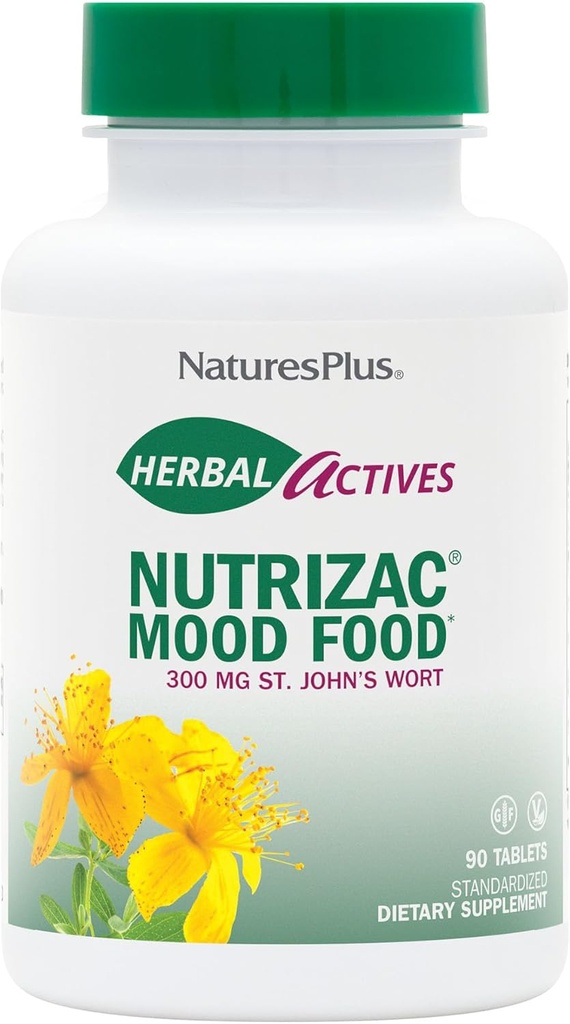 Natures Plus Herbal Actives NutriZAC Mood Food - 300 mg St Johns Wort, 90 Vegan Bi-Layered Tabletler - Büyük Potency Natural Mood Branson - Vegetarian, Gluten-Free - 90 Servisler