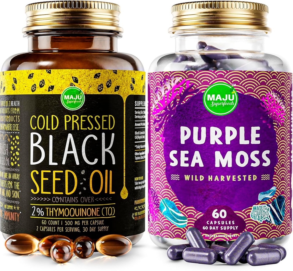 Maju Superfoods Black Seed Oil Capsules ve Mor Sea Moss Capsules