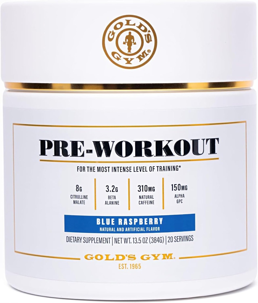 Gold's Gym Beslenme Pre-Workout Toz | Soy-Free, Keto, Vegan Premium Flavor Pre-Workout with Natural Caffeine, L-Citrulline, Alpha GPC, Beta-Alanine, ve Antioksis, 20 Servisler (Mavi Raspberry)