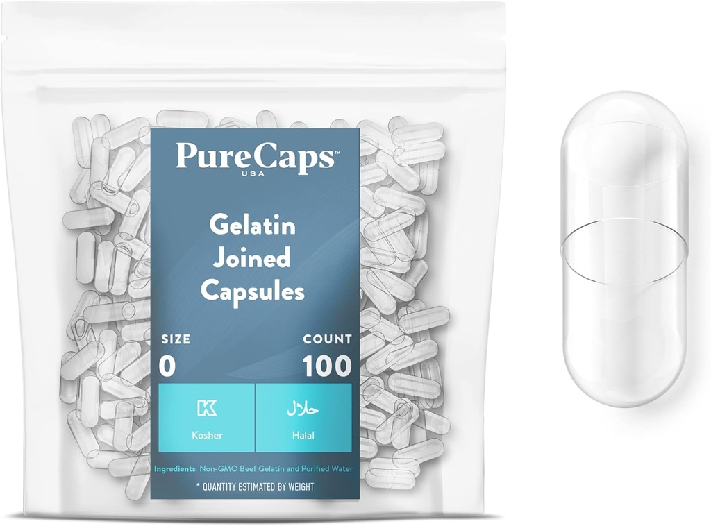 PureCapsUSA - Empty Gelatin Pill Capsules Size 0| 100 Joined Pills| Clear| Non-GMO Certified| SLS, Gluten, Preservative Free