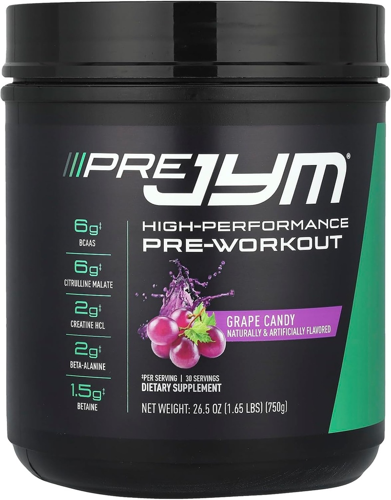 JYM Supplement Science Pre JYM Grape Candy Pre Workout Toz for Men & Women, BCAAs, Nootropics, Citrulline, Beta-Alanine, Betaine, Taurine, Huperzine, 30 Hizmet