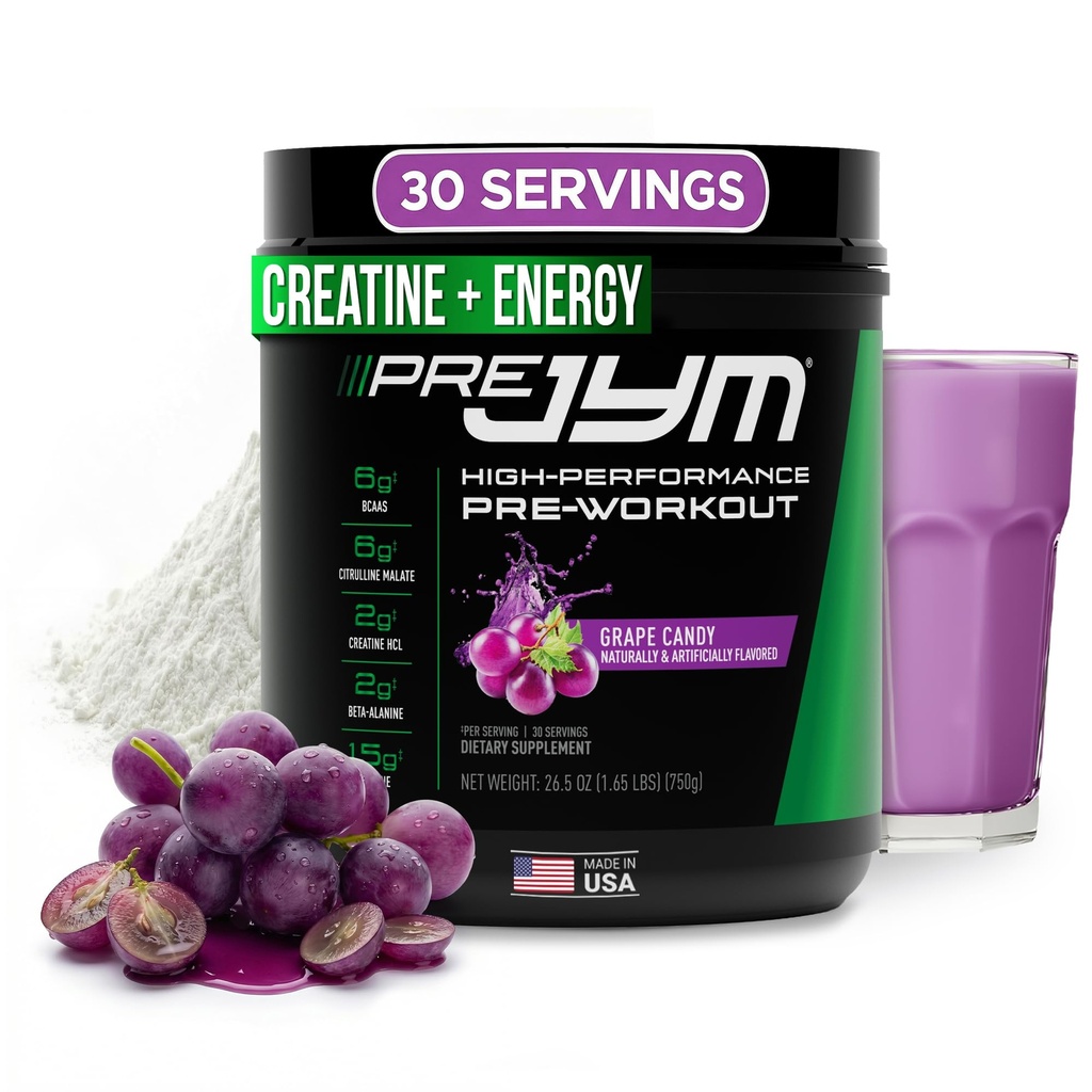 JYM Supplement Science Pre JYM Grape Candy Pre Workout Toz for Men & Women, BCAAs, Nootropics, Citrulline, Beta-Alanine, Betaine, Taurine, Huperzine, 30 Hizmet