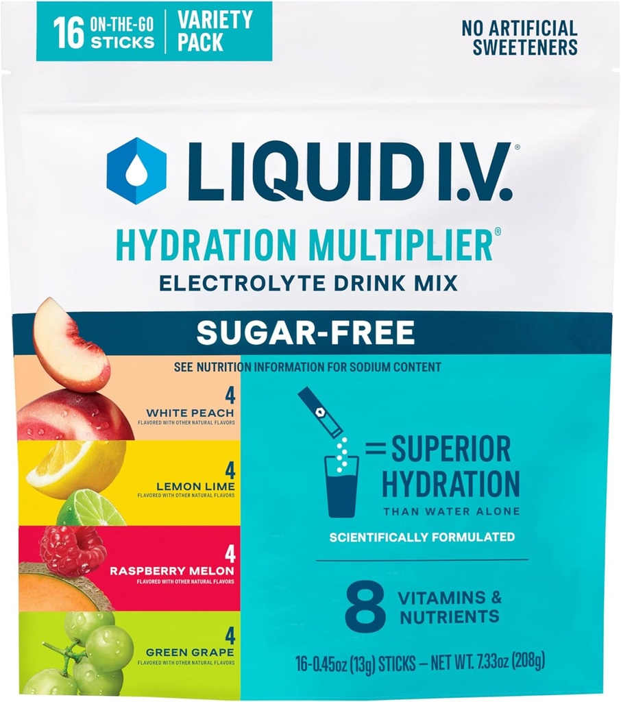 Liquid I.V.® Hydration Multiplier Sugar-Free Variety Pack - Raspberry Melon, Lemon Lime, White Peach, Green Grape (Variety Pack)