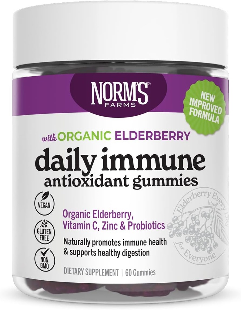 Norm's Farms Organic Elderberry Gummies - Καθημερινή Ανοσολογική Υποστήριξη για Ενήλικες & Παιδιά με Ψευδάργυρο, DE111 Προβιοτική, Βιταμίνη C - Made in USA, 3rd Party Tested - Vegan, Gluten-free, Kosher, Non-GMO, 60 Gummies
