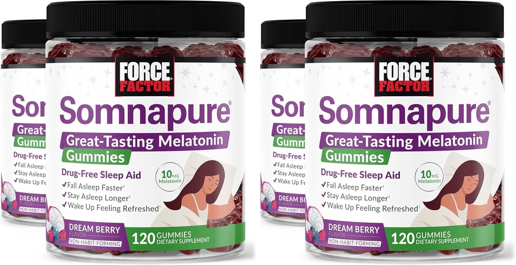 Force Factor Somnapure Gummies με μελατονίνη, συμπλήρωμα υποστήριξης ύπνου χωρίς ναρκωτικά για ενήλικες με περιστασιακή αϋπνία, Dream Berry Flavor, 120 Count (Pack of 4)