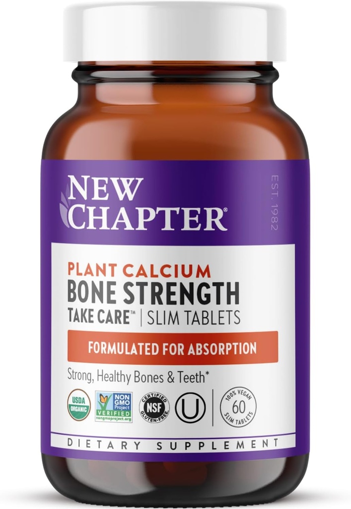 New Chapter Calcium Supplement - Bone Strength Organic Calcium with Magnesium, Vitamin D3+K2, 70+ Trace Minerals for Bone Health, Gluten Free, Easy to Swallow Slim Tablets - 60 Count