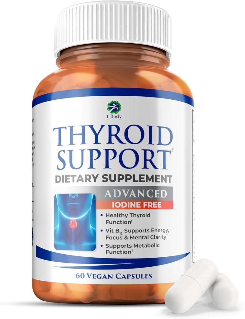 1 Body Yourroid Support Supplement, Iodine-Free, Vegan, L-Tyrosine ve Ashwagandha ile 60 Capsules
