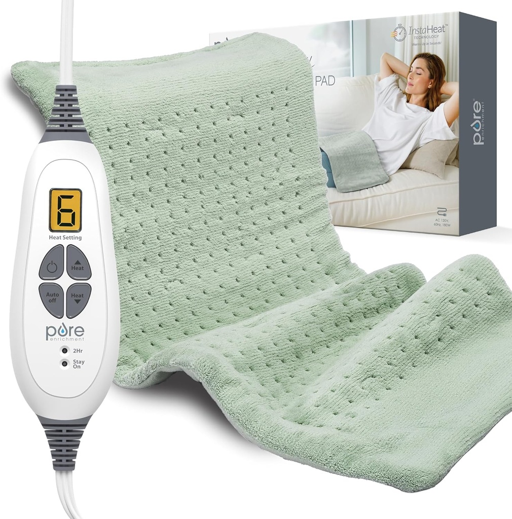 Pure Enrichment PureRelief XL Isıtmalı - 12" x 24" Elektrikli Isıtma Pad Arka Ağrı & Cramps, 6 Heat Settings, FSA/HSA Eable, Soft Machine Wash Fabric, Auto-Off & Moist Heat (Zen Green)