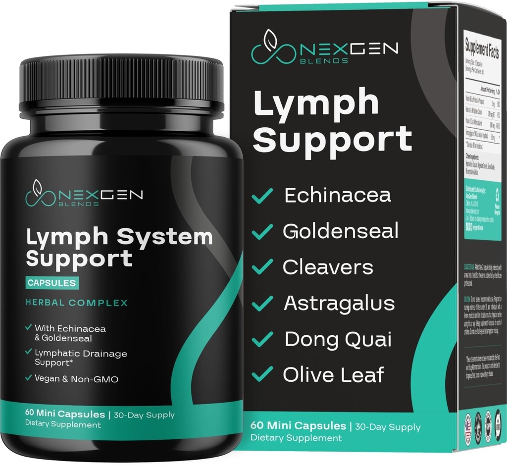 Συμπληρώματα Υποστήριξης Φυτικών Λεμφών - Lymphatic Support Complex with Echinacea Goldenseal Astragalus & Hydroxytyrosol for Lympastic Drainage & Immune Support - Vegan Non-GMO Gluten Free (1 Μήνας)