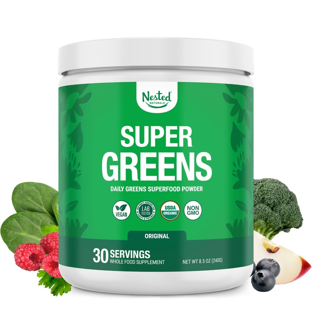 Φωλιασμένα φυσικά Super Greens Daily Superfood Powder - Certified USDA Organic Green Powder w/20+ Whole Foods, Spirulina Powder,Wheat & Barley Grass - Probiotics, Fiber & Enzymes - Αρχική Γεύση, 30
