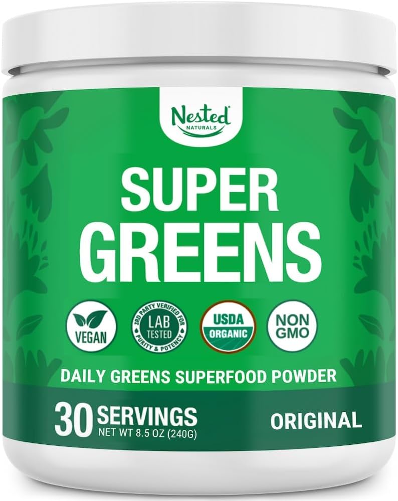 Nested Naturals Super Greens Daily Superfood Toz - sertifikalı USDA Organik Yeşil Toz w/20+ Tüm Gıdalar, Spirulina Toz,Wair & Barley Grass - Probiyotikler, Fiber & Enzymes - Original Flavour, 30