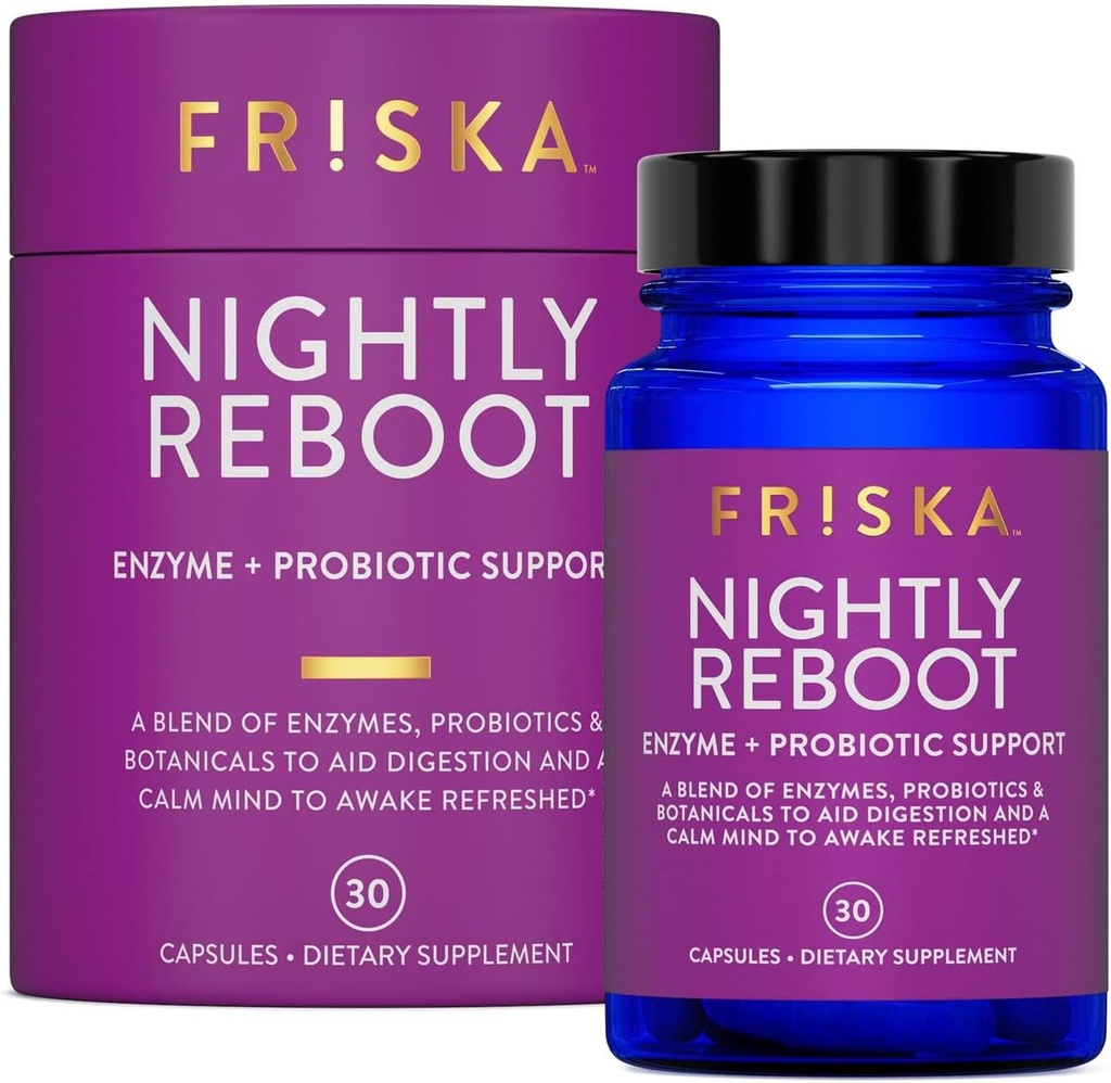 FRISKA Nightly Reboot Enzyme and Probiotics Supplement, Προάγει την Καλύτερη Πέψη και τον Ύπνο, Υποστηρίζει την Υγεία των Ούλων για άνδρες και γυναίκες, Μελατονίνη, Χαμομήλι, 30 Κάψουλες