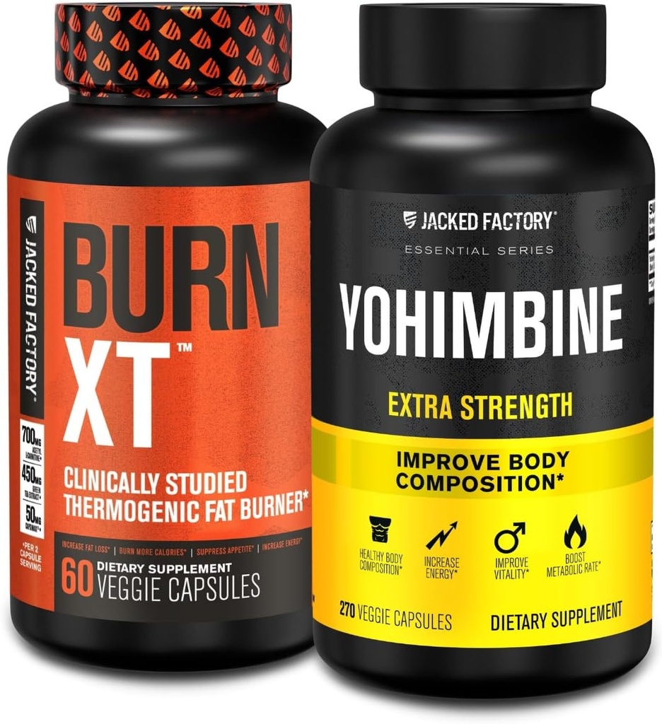Jacked Factory Fat Burner, Yohimbine - Erkekler ve Kadınlar için Termogenic Supplements - Burn-XT Thermogenic Fat Burner & Yohimbine Ekstra Kuvvet 2.5 mg, 270 Capsules