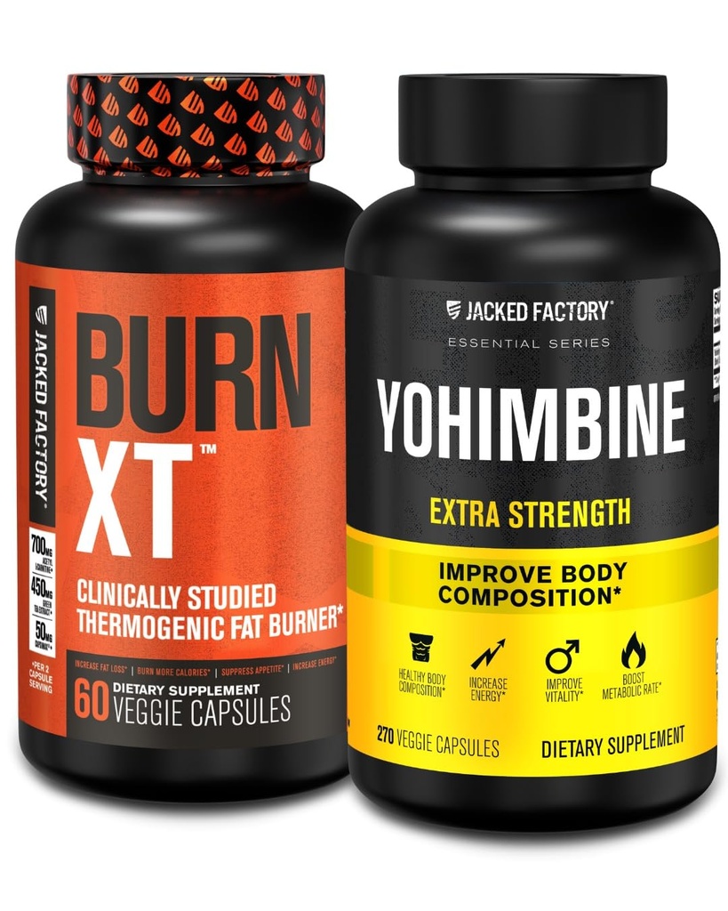Jacked Factory Fat Burner, Yohimbine - Erkekler ve Kadınlar için Termogenic Supplements - Burn-XT Thermogenic Fat Burner & Yohimbine Ekstra Kuvvet 2.5 mg, 270 Capsules