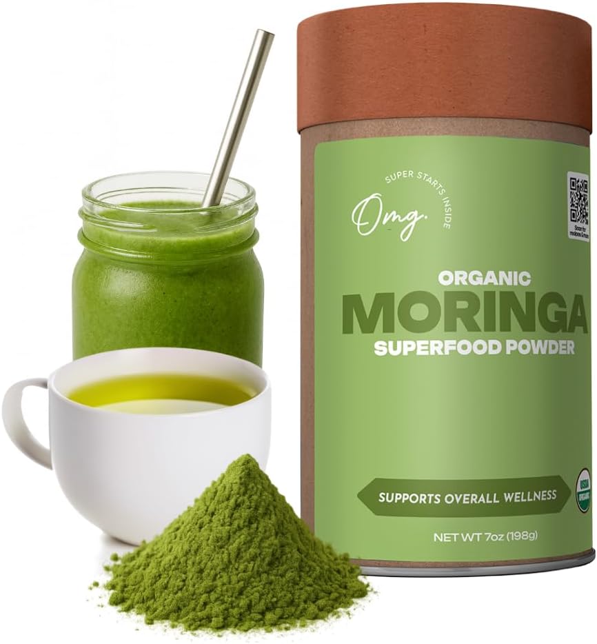 OMG! Superfoods Pure ve Organik Moringa Toz - USDA sertifikalı Moringa Oleifera, Great Source ofuba, Iron, Vitamins A & E - 7 Oz (1 Pack)