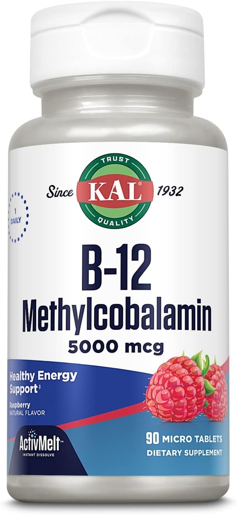 KAL B12 Mecobalamin 5000 Telefon, Sağlıklı Enerji, Metabolism, Nerve & Red Blood Hücre Desteği, * Hızlı Dissolve ActivMelts, Optimal Aborps, Natural Raspberry Flavor, 90 Hizmet, 90 Micro Tabs
