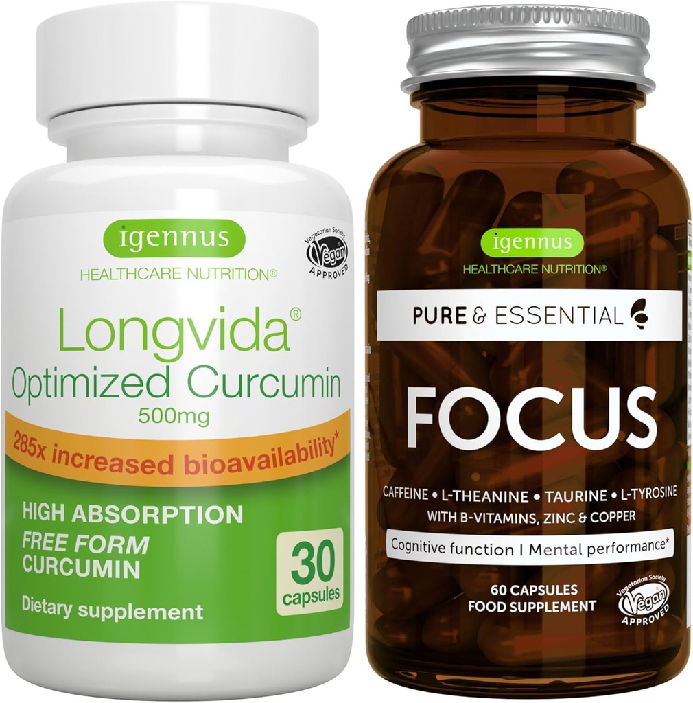 Longvida Lipidated Curcumin 500 mg + Focus Brain Alert Vegan Sche, Ultra Bio available Curcumin + Caffeine, L-Theanine, Taurine & L-Tyrosine, B-Vitamins, çinko & Copper, Igennus