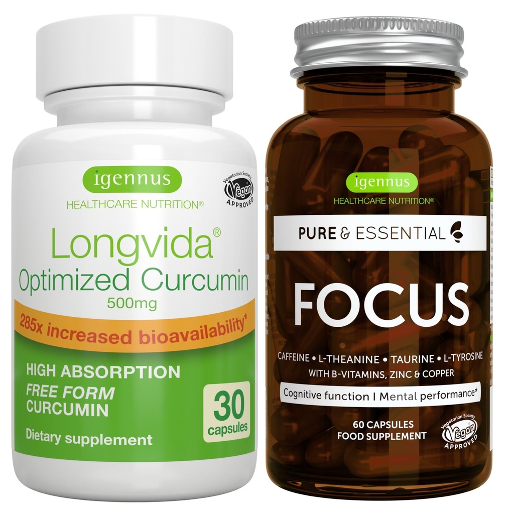Longvida Lipidated Curcumin 500 mg + Focus Brain Alert Vegan Sche, Ultra Bio available Curcumin + Caffeine, L-Theanine, Taurine & L-Tyrosine, B-Vitamins, çinko & Copper, Igennus
