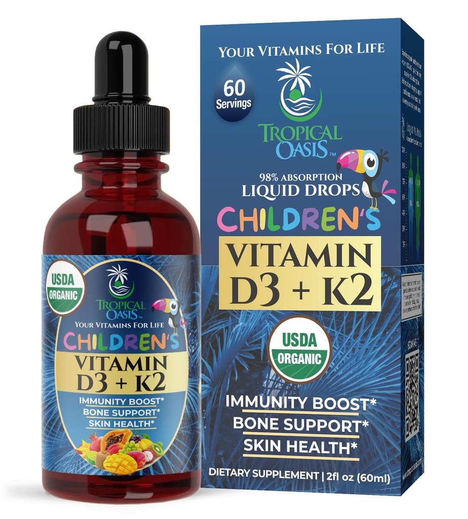 USDA Organic Vitamin D3 K2 Liquid Drops | Vitamin D3 K2 Supplement for Kids & Toddlers Ages 1+ | Kids Supplement for Calcium Absorption Strong Bones | Vegan, Non-GMO | 2 Fl Oz