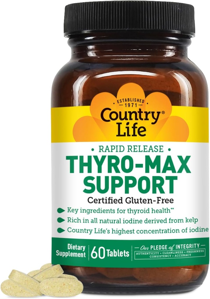 Country Life Thyro-Max Υποστήριξη - Kelp-Derived Iodine & L-Tyrosine Thyroid συμπλήρωμα για άνδρες και γυναίκες - Β Βιταμίνες, χωρίς γλουτένη, Vegan, Kosher - 60 κάψουλες