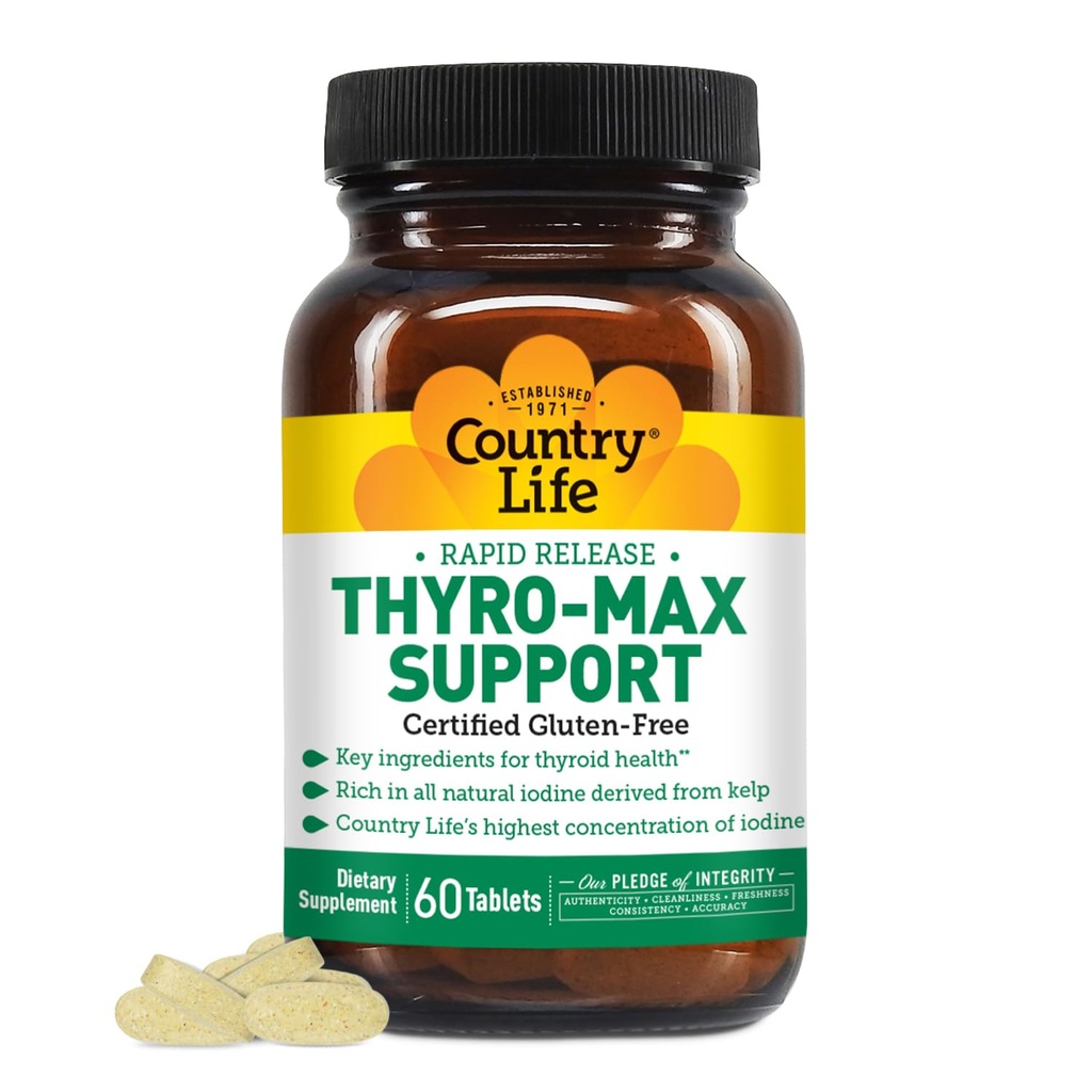 Country Life Thyro-Max Υποστήριξη - Kelp-Derived Iodine & L-Tyrosine Thyroid συμπλήρωμα για άνδρες και γυναίκες - Β Βιταμίνες, χωρίς γλουτένη, Vegan, Kosher - 60 κάψουλες