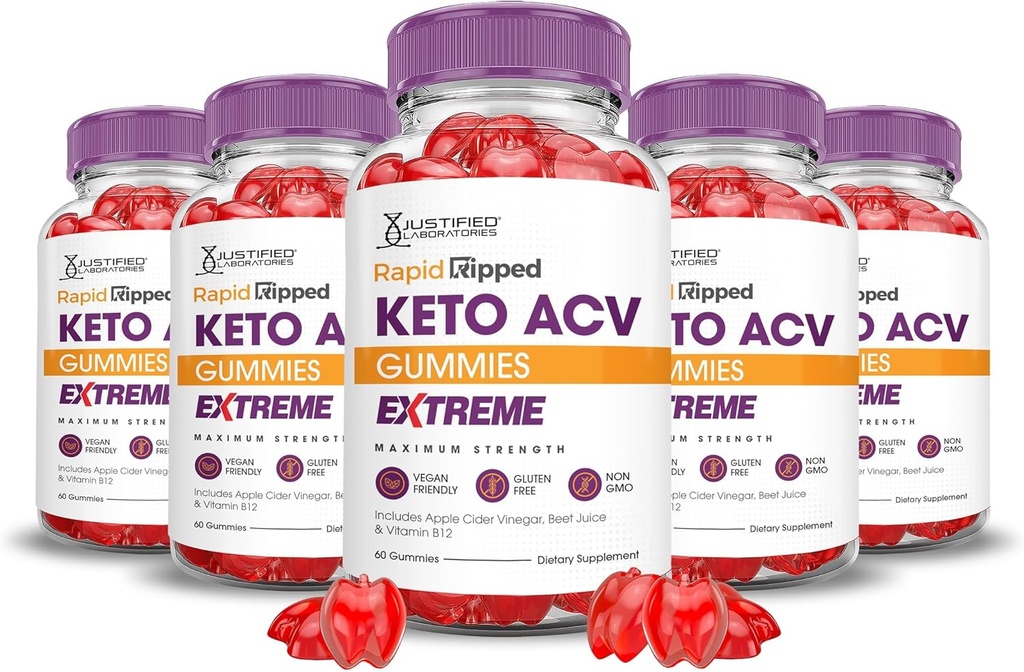 Justified Laboratories (5 Pack Rapid Ripped Keto ACV Gummies Extreme 2000MG Rapidripped Keto Gummies Apple Cider Vinegar Formulated with Pomegranate Beet Juice Powder B12 Vegan Non GMO 300 Gummys