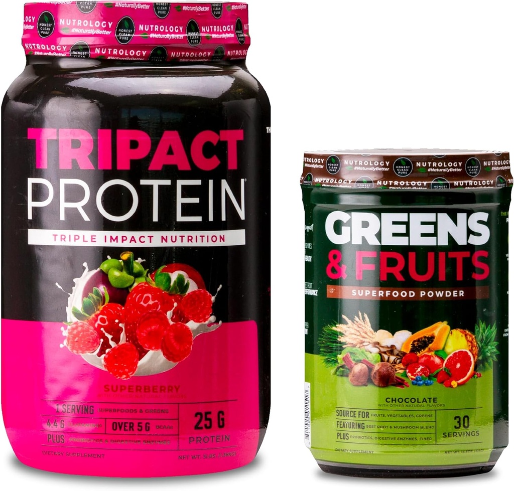 Nutrology TRIPACT Protein Powder, 7-in-1 Meal Replacement Shake, Superberry (40 Servings) Greens & Fruits Powder-Naturally Sourced Superfood, Chocolate (30 Servings)