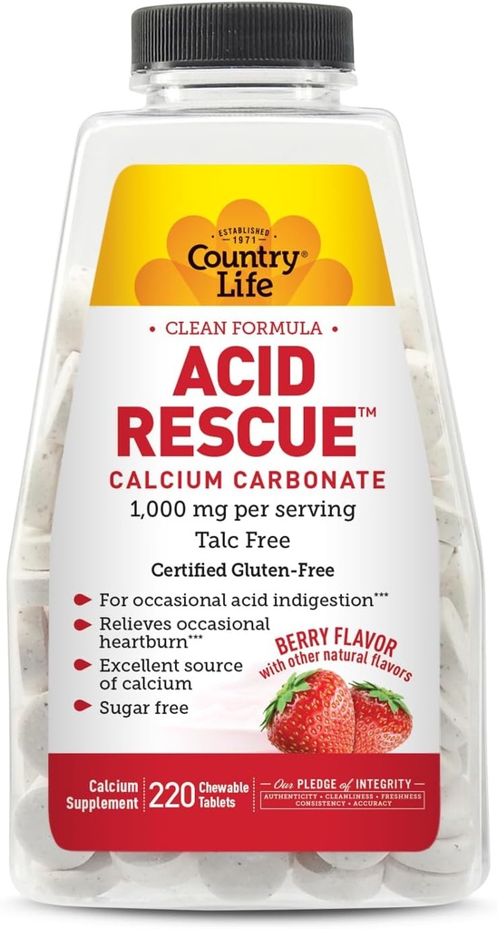 Country Life Acid recovery Chewable Tabletler - sertifikalı Vegan & Gluten-Free Heartburn Relief, 400 mguba & Magnezyum, Non-GMO, Sugar-Free Mint Flavor, Supports Bone Health, 220 Count