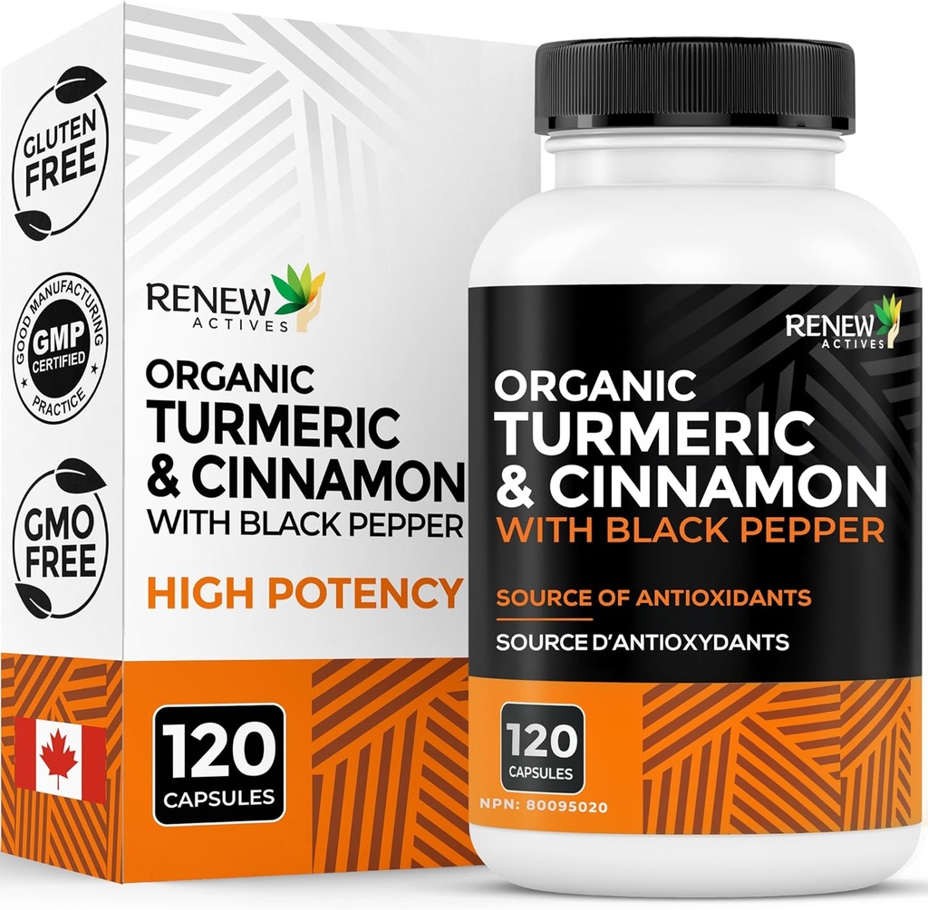 Renew Actives Organic Turmeric 474MG & Cinnamon 50MG ανά 2 κάψουλες – με Κουρκουμίνη & BioPerine για Απορρόφηση – Υποστηρίζει Μεταβολισμό, Κοινή Υγεία & Πέψη – Κατασκευασμένο στον Καναδά – 120 κάψουλες