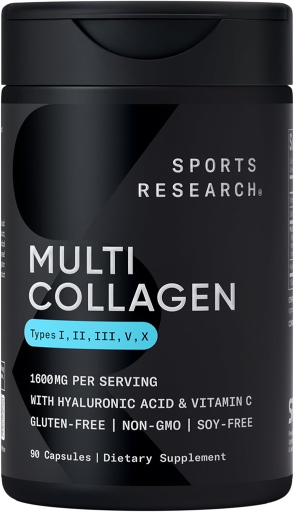 Sports Research® Multi Collagen Pells for Women & Men - Collagen Peptides (Type I, II, III, V, X) Ενισχυμένο με Υαλουρονικό Οξύ & Βιταμίνη C - Χωρίς γλουτένη - · Μη ΓΤΟ - 90 Κάψουλες