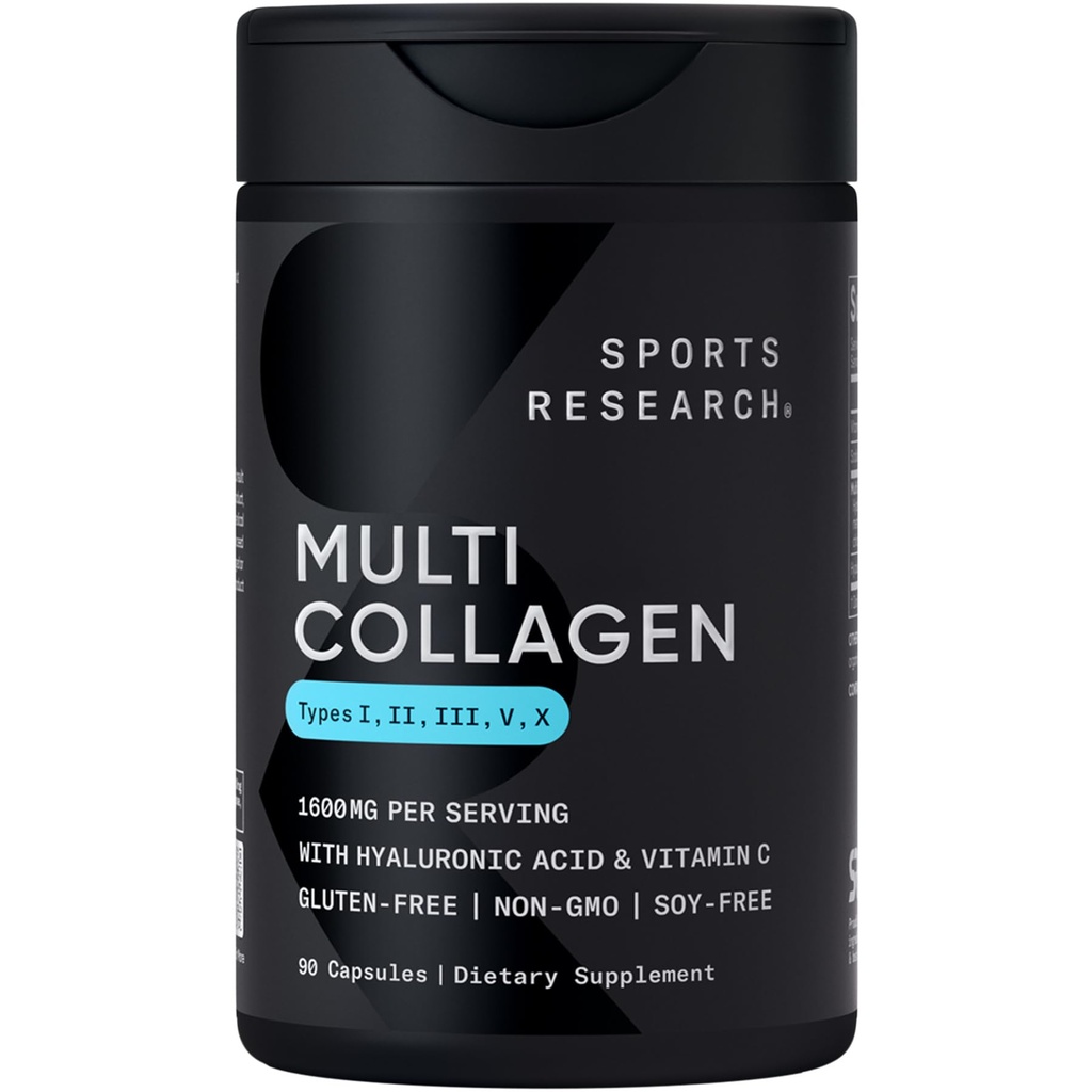 Sports Research® Multi Collagen Pills for Women & Men - Collagen I (Type I, II, III, V, X) Hyaluronik Asit & Vitamin C - Gluten Free · Non-GMO - 90 Capsules